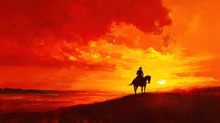 Fototapeta premium Lone cowboy silhouetted against a fiery sunset.