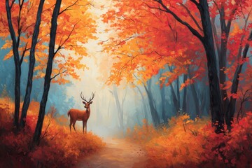 Majestic Stag in Vibrant Autumn Forest Surrounded by Colorful Foliage