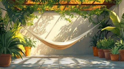 Obraz premium Serene patio with hammock, plants, sunlight.