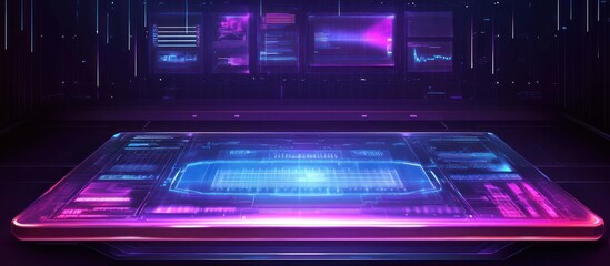 Obraz premium Futuristic holographic table with glowing interface and data screens in background.