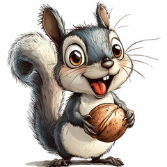 A happy cartoon squirrel holds a large walnut in its paws, smiling broadly with its tongue sticking out.