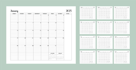 Calendar for 2025 Week starts on Sunday. Monthly Planner 2025.  Diary planner for 2025 year.