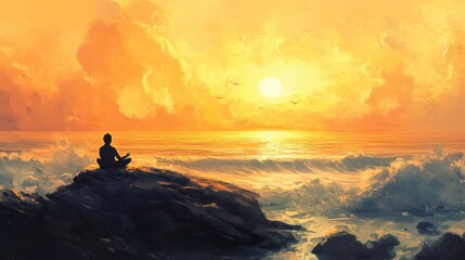 Obraz premium Person meditating on a rock at sunset overlooking ocean waves.