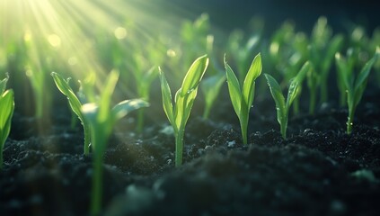 Seedlings Emerging from Soil, Growth and Development in Nature's Embrace, Sunlight Illuminates, Life Begins Anew, Plants Sprouting
