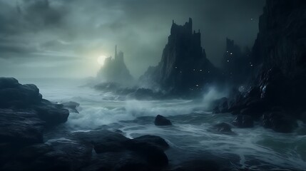 Dark Ocean Cliffs and Stormy Seas Under a Pale Moon