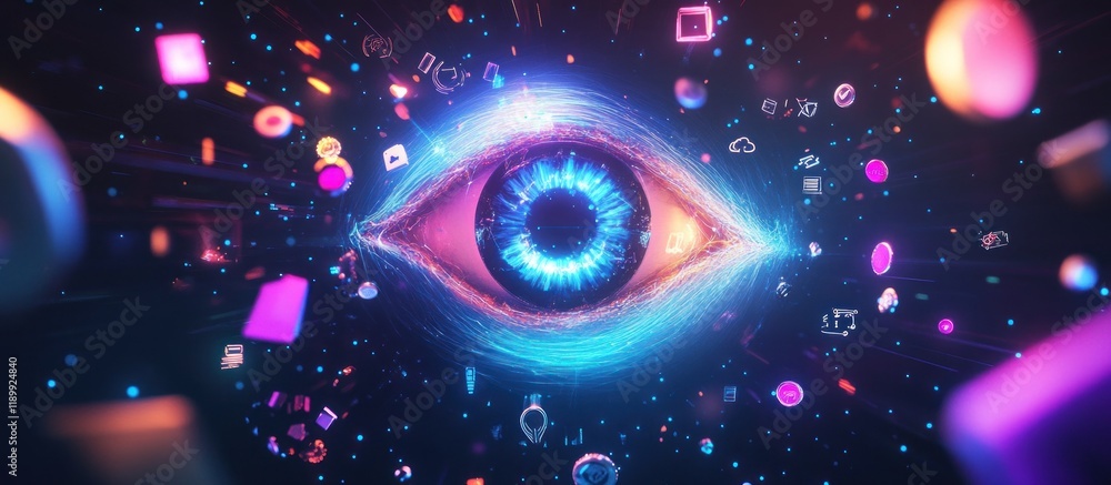 Poster glowing eye with digital data streams.