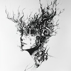 Surreal Ink Drawing: Woman and Tree of Life