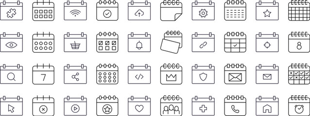 Collection of Calendar Related Line Icons. Outline Signs for Graphic and Web Design, Apps, Adverts, Various Cards