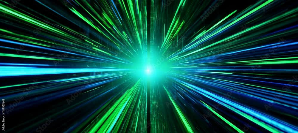 Poster Green cyberspace digital virtual dimension fast speed motion. Matrix future time teleport portal. Generative video AI technology.