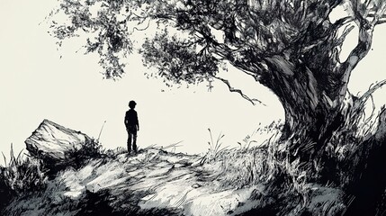 Solitude: A Boy, a Tree, and a Path in Monochrome
