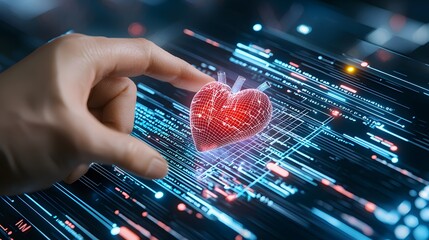 A virtual 3D health care interface showing real-time patient monitoring, diagnostic data, and treatment suggestions. Blue tones and digital elements emphasize innovation and tech-driven care.