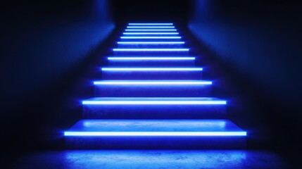 Glowing blue neon lights illuminate concrete stairs in dark room.