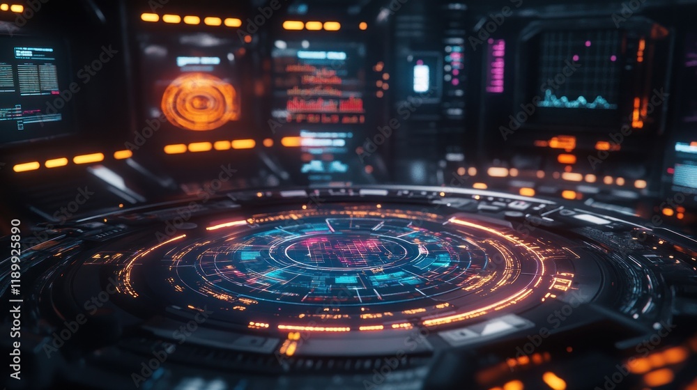 Poster futuristic control room with glowing circular interface.