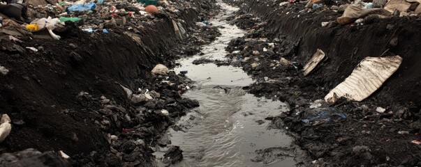 Polluted Waterway Amidst Urban Waste Landscape A Stark Contrast of Nature and Neglect