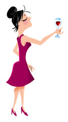 Elegant woman in a crimson dress raising a glass of red wine, suggesting a toast