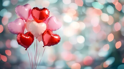 Colorful Heart Balloons on a Light Background with Bokeh Effect Perfect for Celebrations and Romantic Occasions, Ideal for Valentine's Day, Birthdays and Love Themes