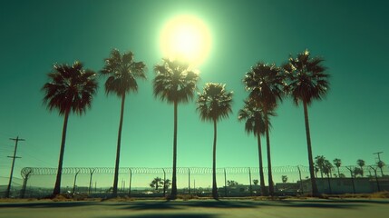 Obraz premium Palm trees silhouetted against a bright sun and a fence.
