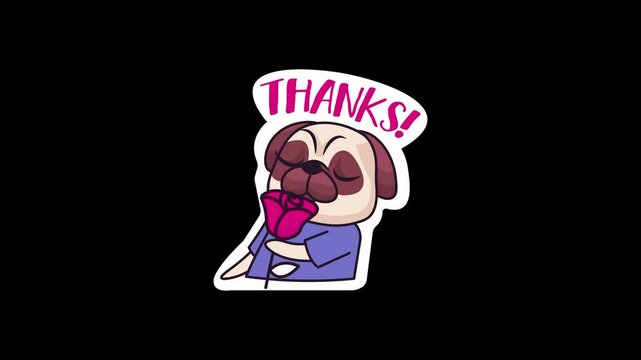 A cartoon pug holding a rose and expressing gratitude with a 'Thanks!' text, showcasing a cute and playful style.