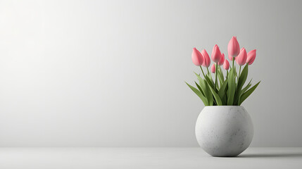 Pink tulips in a speckled gray vase against a minimalist white background. Simple, elegant, and perfect for spring or floral themes.