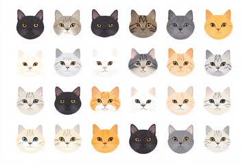 Fototapeta premium A vector illustration set of various cat breeds, such as Abyssinian, Persian, and Siamese, designed in a cute flat style with soft colors on a white background