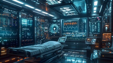 Fototapeta premium A patient lies in a high-tech hospital bed while a holographic virtual assistant monitors health data on interactive charts. The scene blends human care and digital innovation.