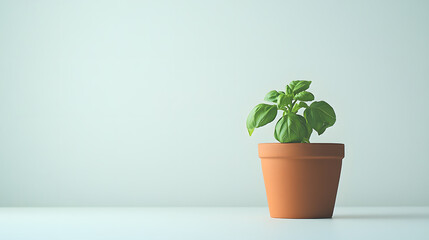 Fototapeta premium A small basil plant in a terracotta pot sits on a white surface against a light blue wall. Simple, minimalist, and clean aesthetic.