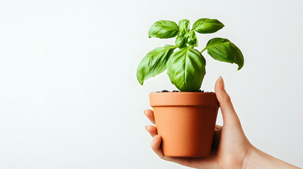 Obraz premium A hand gently holds a terracotta pot containing a vibrant basil plant against a clean white background. The image evokes feelings of growth, nature, and care.