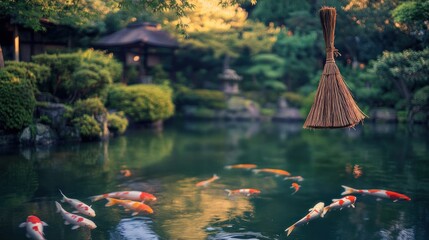Koi pond in serene Japanese garden with broom.
