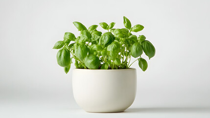 Fototapeta premium A vibrant basil plant thrives in a simple, off-white pot against a clean white background. The image showcases fresh, green basil leaves, perfect for culinary or home decor contexts.