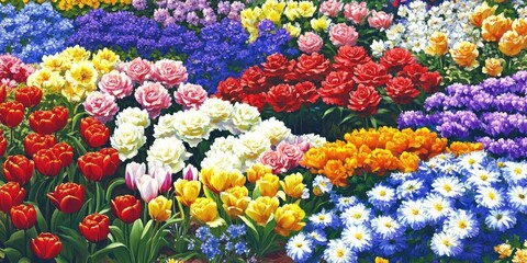 Vibrant spring garden blooms; colorful tulips, roses, and daisies. Ideal for cards, calendars