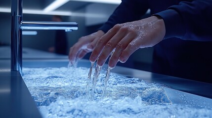 Hands interacting with illuminated water in a futuristic sink.