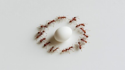 Ants Surrounding White Egg on Minimalist Background