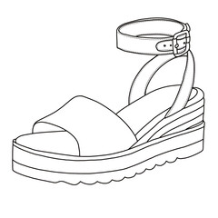 Women's Espadrille Wedge Sandals With Buckle Ankle Strap Open Toe line art, Technical sketch hand drawing outline vector doodle side isometric view isolated on white background for coloring page
