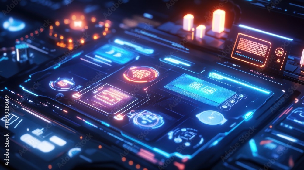 Poster futuristic digital interface with glowing icons and data displays.