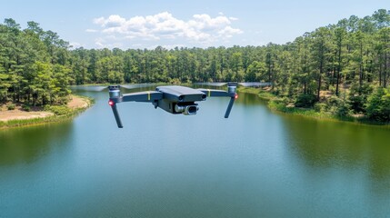 A Majestic Drone Captures the Beauty of a Tranquil Forest Lake Under Clear Blue Skies.
