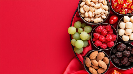 flat lay of colorful Chinese New Year sweets and fruits on red background for Chinese New Year