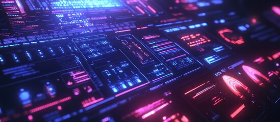 Obraz premium Futuristic digital interface with glowing pink and blue data streams.