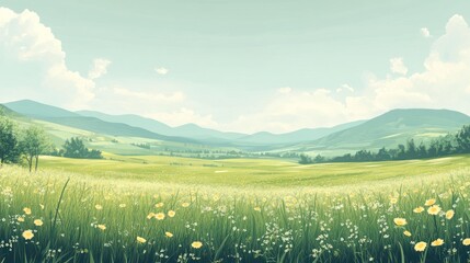 Serene landscape of a green meadow with wildflowers and distant mountains under a blue sky.