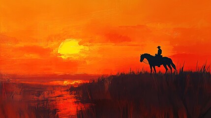 Silhouette of cowboy riding horse at sunset.