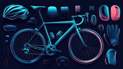 Fototapeta premium Cycling equipment flat lay, road bike and accessories.