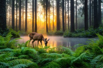 Serene Forest Scene with a Deer Near a Misty Pond at Sunrise