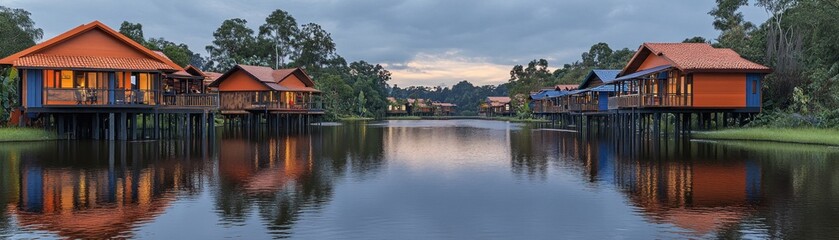 Fototapeta premium Serene Lakeside Bungalows at Dusk with Reflections and Forest Backdrop
