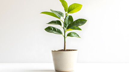 A young citrus plant with vibrant green leaves sits in a speckled beige pot against a bright white background.  The simple composition emphasizes the plant's fresh growth.