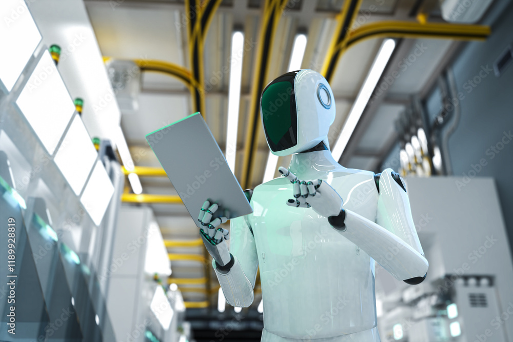 Poster automation semiconductor manufacturing with humanoid robot in factory