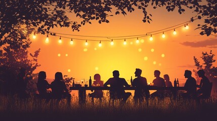 Sunset garden party silhouettes at long table with string lights.