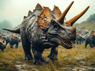 Fototapeta premium Herd of Prehistoric Dinosaurs Roaming in Misty Grassland Under a Dramatic Sky
