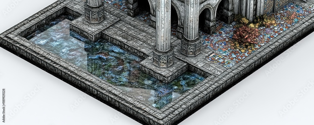Poster ancient stone structure with reflective pool and colorful mosaic in a serene landscape