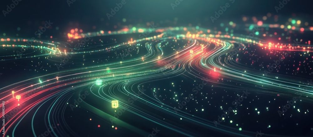 Poster abstract glowing lines and particles forming a digital network.