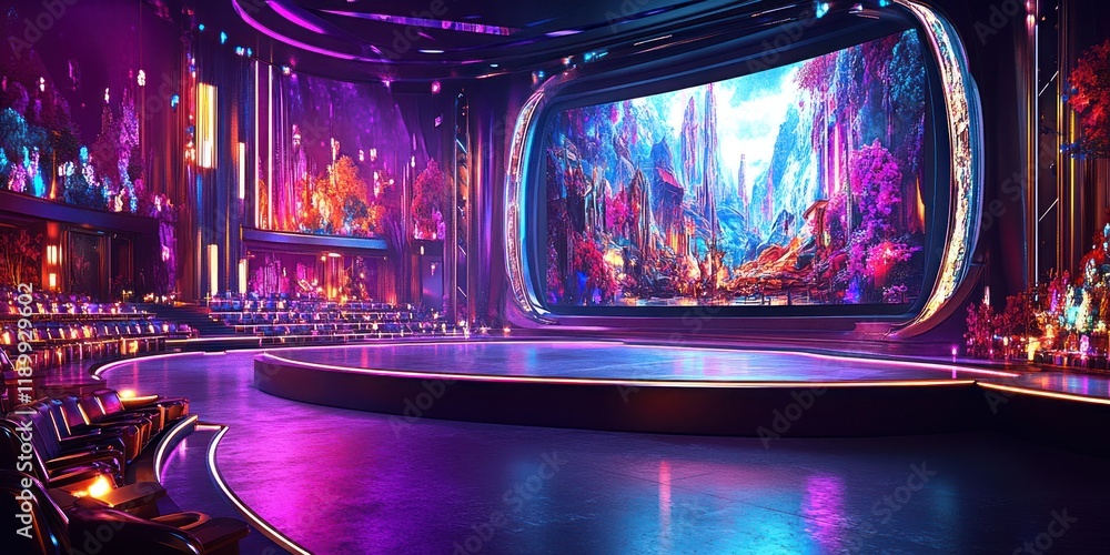 Poster futuristic auditorium with vibrant digital display in a sci-fi setting