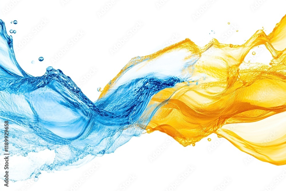 Poster water and juice splash and flow dynamically with bubbles and waves gracefully